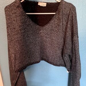 Sparkly Loose V Neck Crop Top Sweater